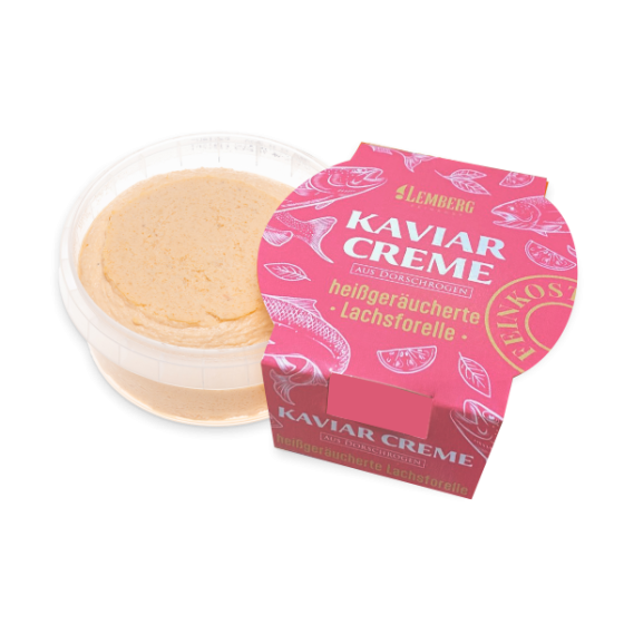 Kaviarcreme aus Kabeljaurogen mit heißgeräucherter Lachsforelle, 150 g